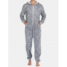 Men Gray Camo Loungewear Jumpsuit Thicken Thermal Loose Zip Down Hooded Home Pajamas With Pockets