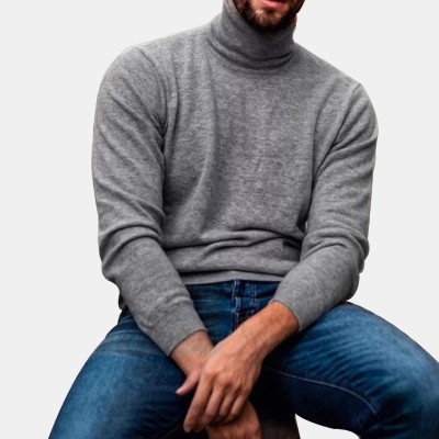 Mens Cotton Fashion High Collar Solid Color Casual Sweaters