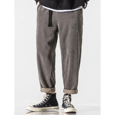 Mens Corduroy Solid Color Casual Push Buckle Waist Pants