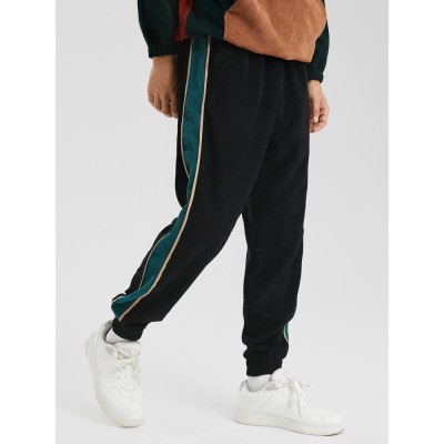 Men Corduroy Side Striped Pockets Drawstring Beam Feet Jogger Pants